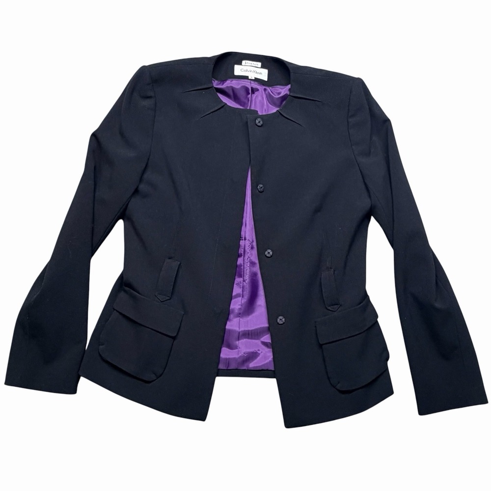 Calvin Klein Stretch Women's Black Blazer Jacket Purple Lined Career Size 6